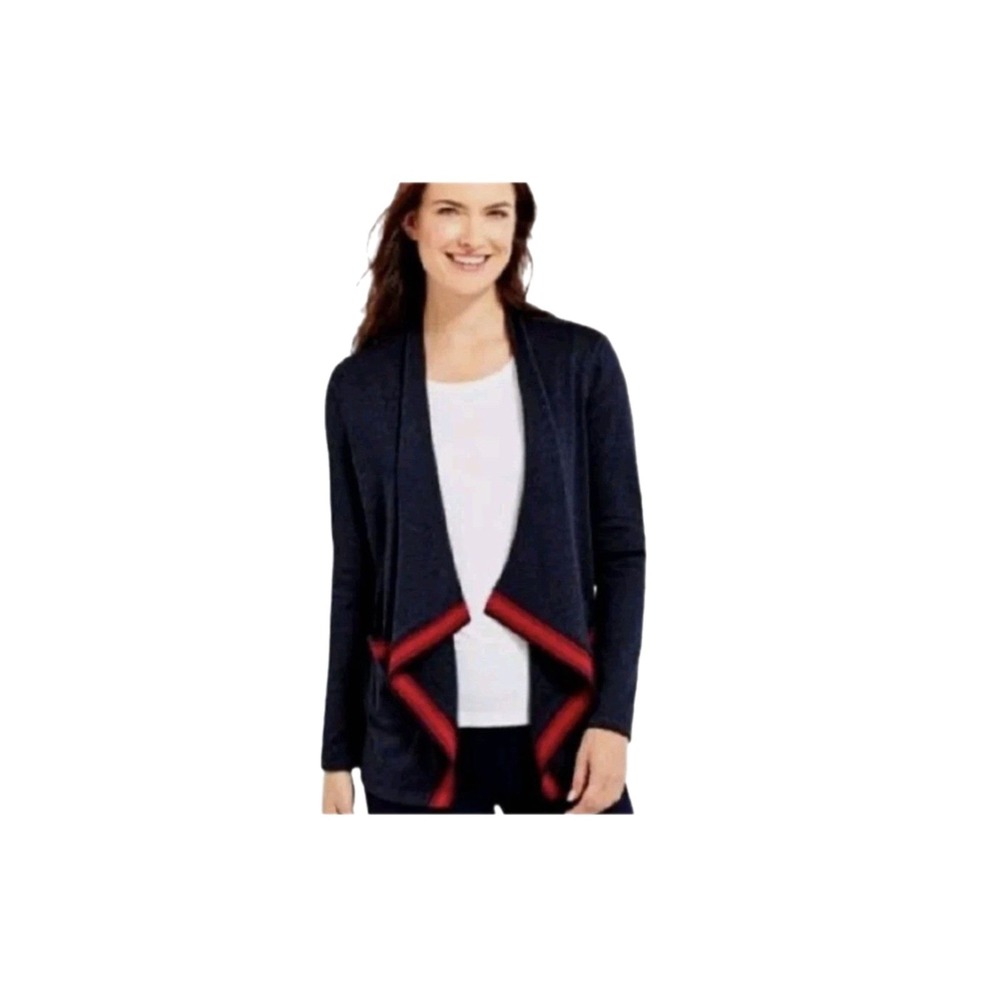 T By TALBOTS Petite Navy Blue Sweater Open Front Cardigan Jacket Red Striped LP